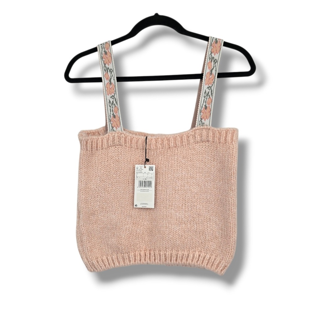Mango Matilda Pink Chunky Knit Floral Strap Camisole Top Alpaca Blend‎ Large